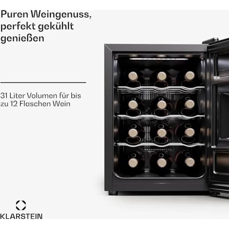 Klarstein Freistehender Weinkühlschrank 1 Zone, Getränkekühlschrank Klein, Kleiner Weinschrank, Wein-Kühlschrank Klein mit Glastür, Indoor/Outdoor Flaschenkühlschrank, Wine Fridge, 12 Flaschen – Bild 2