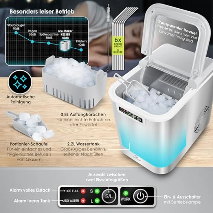 KESSER® Eiswürfelbereiter | Eiswürfelmaschine Edelstahl | Ice Maker | 12 kg 24 h | Zubereitung in 7 min | 2,2 Liter Wassertank | 2 Eiswürfel-Größen | LED-Display | Selbstreinigungsfunktion | Silber – Bild 6