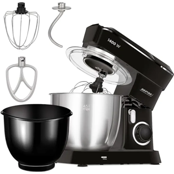 MPM Planetarische Küchenmaschine MRK-25, multifunktional mit 4,5 l Edelstahlschüssel, 1400 W, 2 Schüsseln, 3 austauschbare Rührbesen, spülmaschinenfest