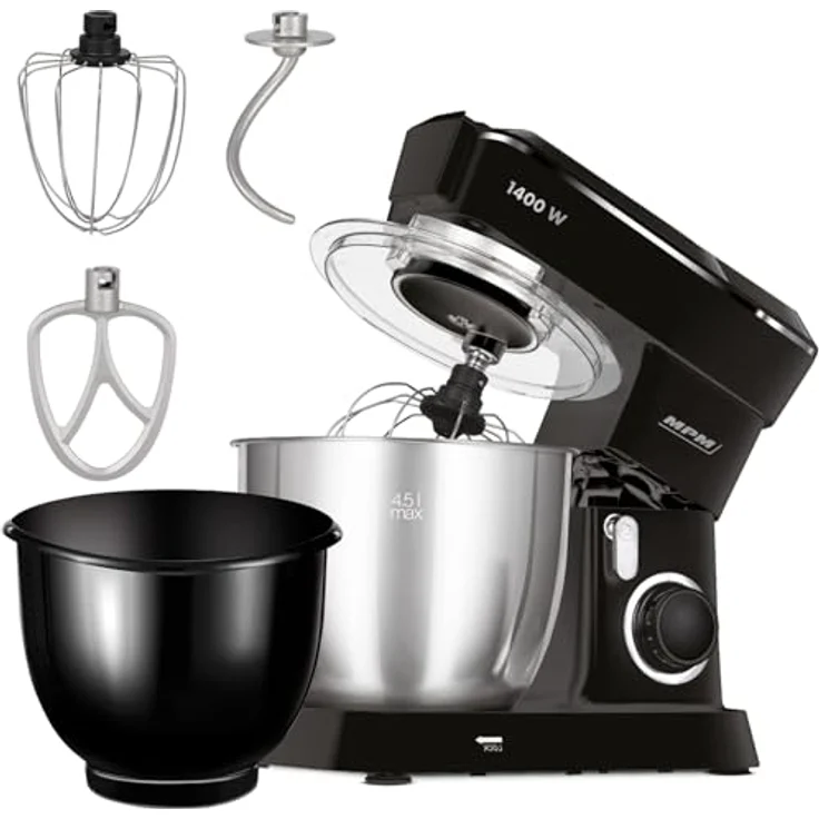MPM Planetarische Küchenmaschine MRK-25, multifunktional mit 4,5 l Edelstahlschüssel, 1400 W, 2 Schüsseln, 3 austauschbare Rührbesen, spülmaschinenfest – Bild 1