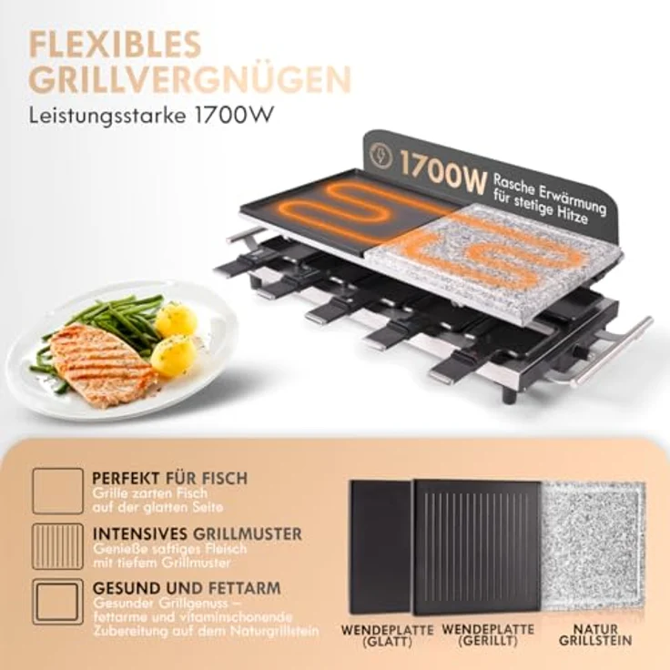 ProfiCook PC-RG 1144 Raclette-Tischgrill mit Naturgrillstein und Wendegussplatte, 10 Pfännchen, 10 Holzspatel, 1700 W – Bild 4