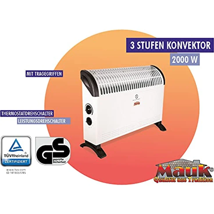Mauk Heizlüfter Elektroheizung 3 Stufen Konvektor Heizgerät mit Tragegriff & Thermostat Camping Heizer 750/1250/2000 Watt Weiß elektrisch – Bild 2