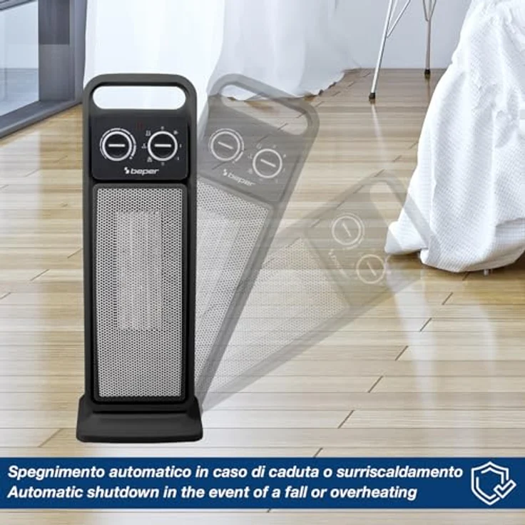 BEPER P203TER002 Keramik-Turmheizlüfter, 2000 W mit automatischer Oszillation, einstellbarem Thermostat und 2 Heizstufen, kompakt und sicher – Bild 4
