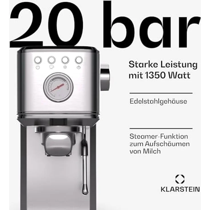 Klarstein SteelPresso Slim Siebträgermaschine – 20-Bar, 1350W, Edelstahl, 1,2L Wassertank, Dampfdüse, Kompakt, Einfache Bedienung, Espressomaschine, Siebträger – Bild 2