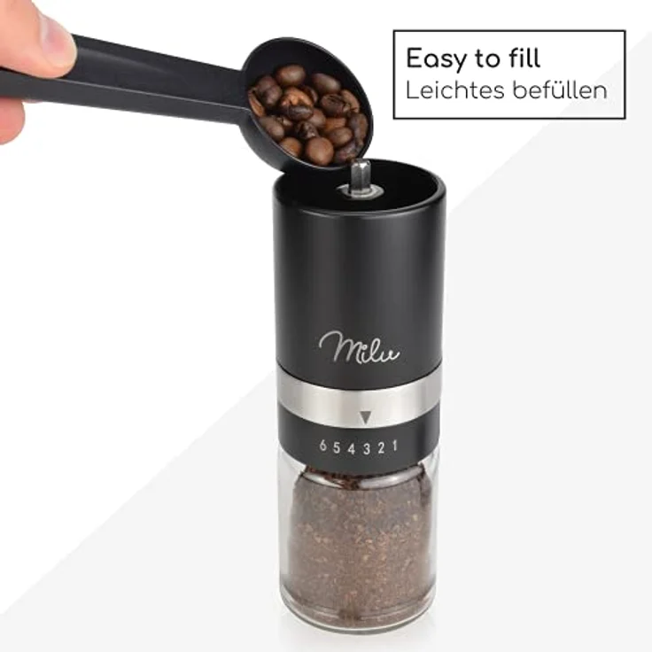 Milu Manuelle Kaffeemühle Handkaffeemühle mit Keramik Mahlwerk I 6 Stufen Mahlgradeinstellung I Espressomühle I – mit Löffel & Bürste (Schwarz) – Bild 4