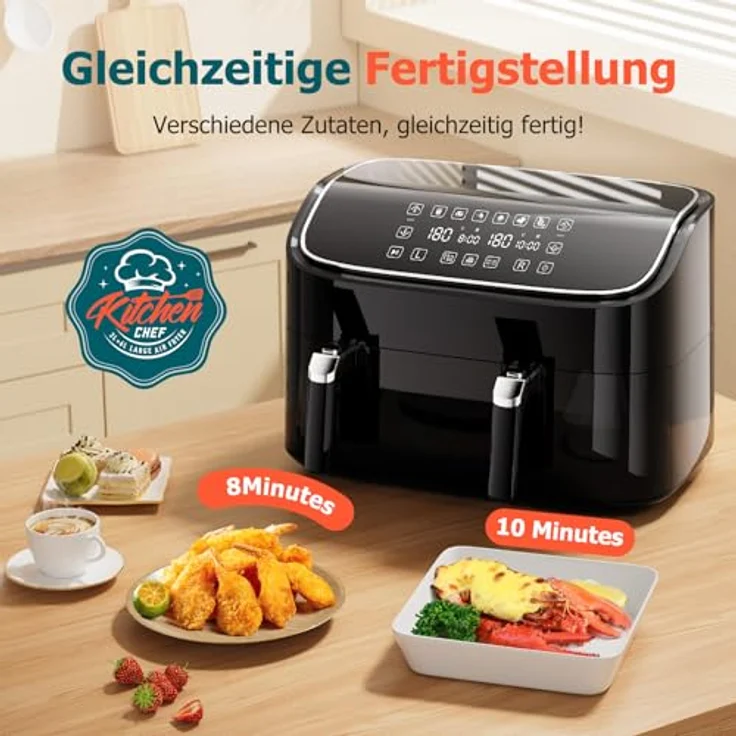 cookwise Heißluftfritteuse 9L, 2 Kammern (3L & 6L), 6-in-1, Touchscreen, spülmaschinenfeste antihaftbeschichtete Körbe, fettfreies Kochen ohne Öl – Bild 2