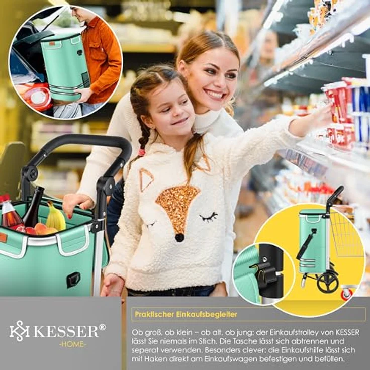 KESSER® Einkaufstrolley klappbar mit 56L Kapazität und belastbar bis 50kg | 3in1 Trolley Sackkarre & Umhängetasche | Faltbarer Einkaufswagen inkl. Kühlfach & Einkaufschip | Treppensteiger Mint Grün – Bild 4