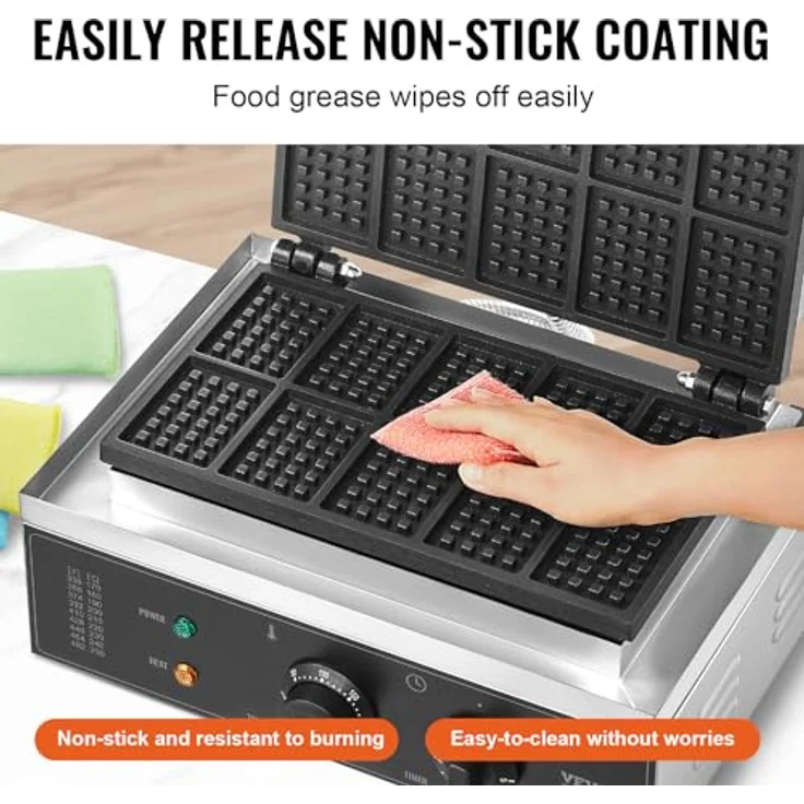 VEVOR Kommerzielles Waffeleisen 1550 W, Edelstahl mit antihaftbeschichteten Platten, Temperatur- und Zeitregelung, für 10 rechteckige Waffeln – Bild 4