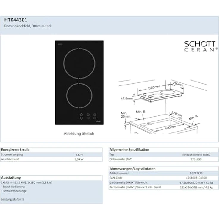 Vestel Domino-Ceran-Kochfeld HTK44301, Rahmenlos Touch Bedienung, original SCHOTT CERAN Glaskeramikkochfläche, Schwarz – Bild 3