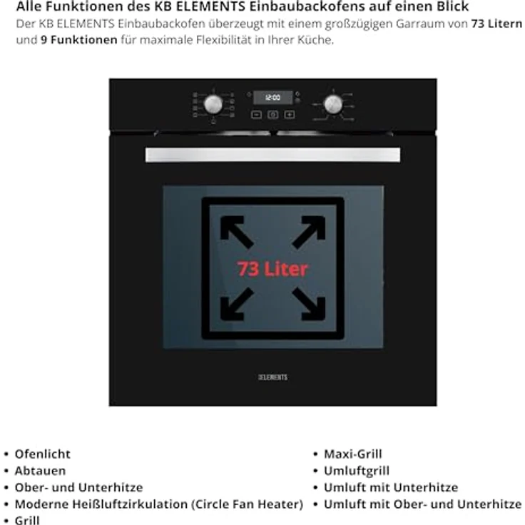 KB ELEMENTS ELK75EV2 Einbaubackofen 60cm, 73 Liter, Aqua Clean, Circle Fan Heater, Wide-Screen-Window, versenkbare Drehknebel, EU-Stecker – Bild 2