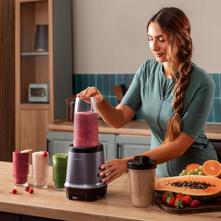 Cecotec Nutriblender Fusion, Standmixer mit 1000 W, 6 Klingen mit schwarzer Titan-Beschichtung, inkl. 2 tragbare Becher (900 ml und 500 ml), für Smoothies und Säfte, Eiszerkleinerung – Bild 3