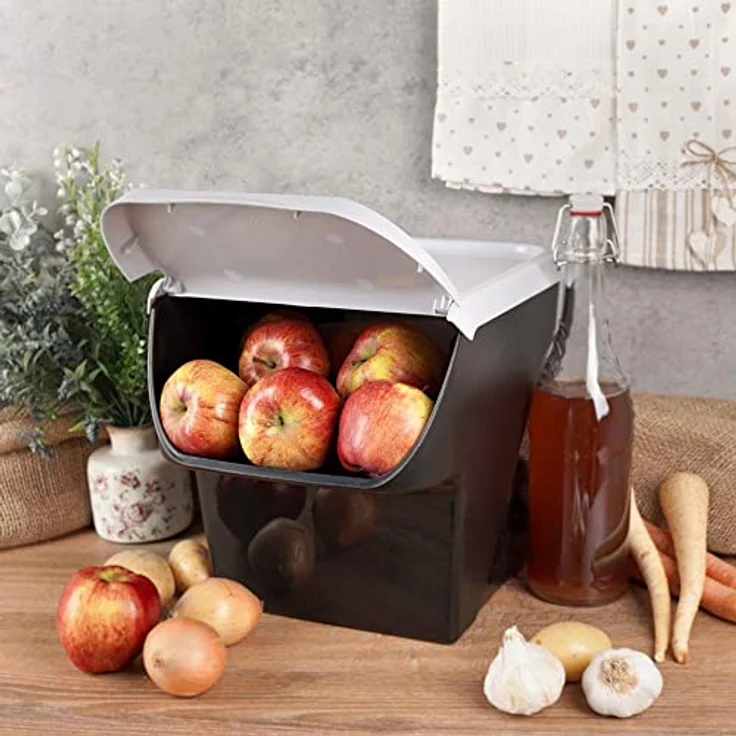 Vilde Aufbewahrungsbehälter | Frischhaltebehälter für Obst, Gemüse, Zwiebeln, Kartoffeln, Knoblauch | mit Klappe, lebensmittelecht, 13l, Schwarz/Grau, Made in EU – Bild 2