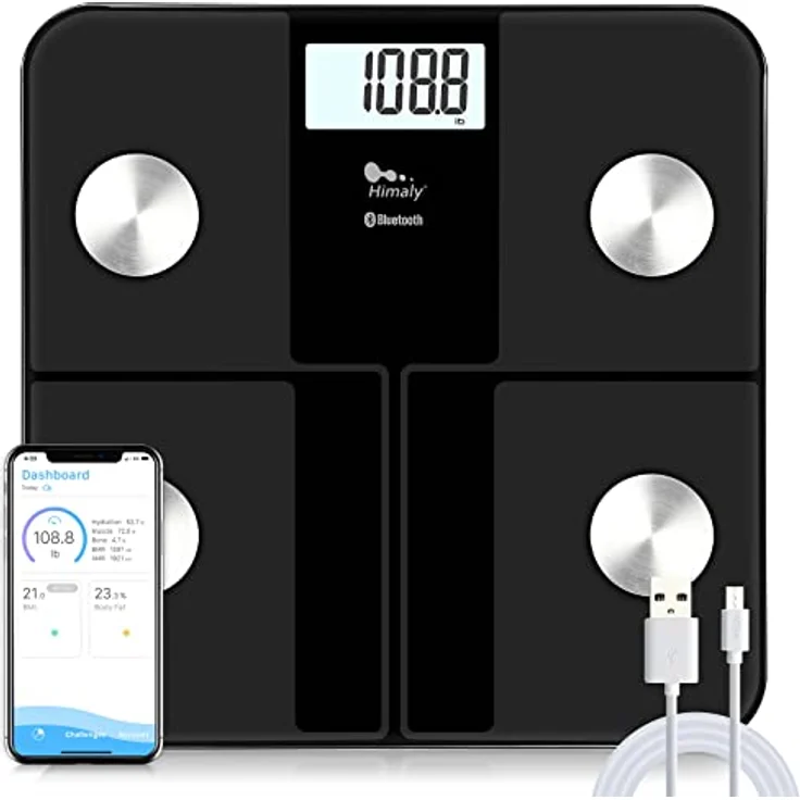 himaly Körperfettwaage Digital Personenwaagen mit App Smart Fitness Waage, 6-Farbiges LCD-Display | 18 Köperdaten | USB-Schnellladung | Max 180kg – Bild 1