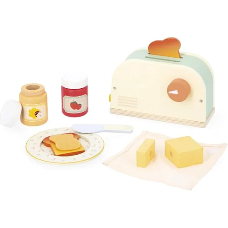 Janod Glänzendes Oma Toaster-Set, Rollenspielzeug aus Holz mit Toaster, Butter, Marmelade und Buttermesser, transparent