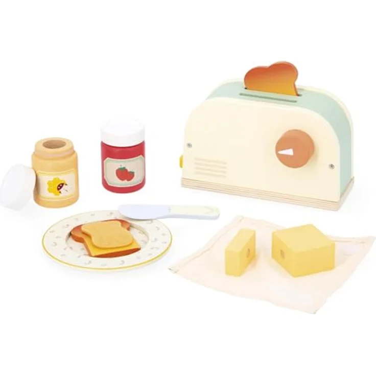 Janod Glänzendes Oma Toaster-Set, Rollenspielzeug aus Holz mit Toaster, Butter, Marmelade und Buttermesser, transparent – Bild 1