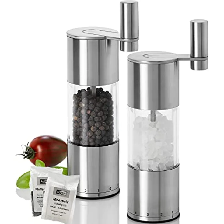 AdHoc Set aus hochwertiger Pfeffer- und Salzmühle mit Kurbel Select | Edelstahl mit Keramikmahlwerk und 12-facher Präzisionsfeineinstellung, Salz & Pfeffer für Gewürzmühlen inklusive