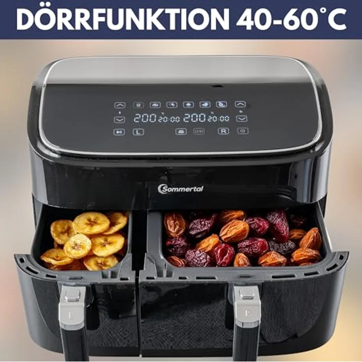 Sommertal Heißluftfritteuse HF DUAL 900, 9 Liter XXL Airfryer & Dörrgerät mit Doppelkammer, 2850W, Digitales Touch Display, 3D Umluftsystem, Vorheizen, Synchronisierungsfunktion – Bild 4