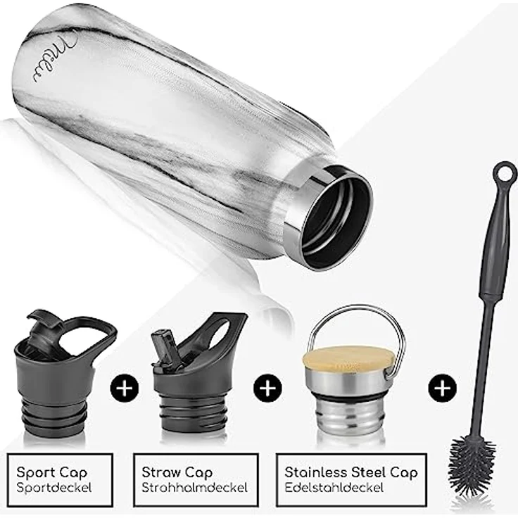 Milu Edelstahl Trinkflasche 750ml, doppelwandige Thermosflasche mit Strohhalm, auslaufsicher, kohlensäuregeeignet, Marble – Bild 3