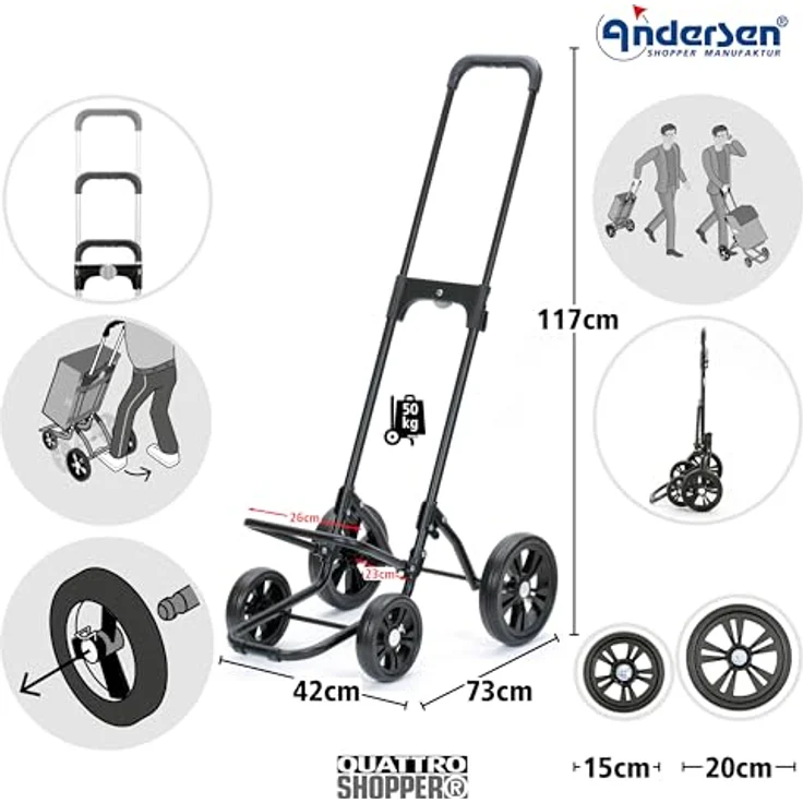 ANDERSEN Quattro Shopper Charu, Einkaufstrolley schwarz, 49 L, höhenverstellbar, abnehmbares Fahrgestell, leise Flüsterräder, multifunktional – Bild 2