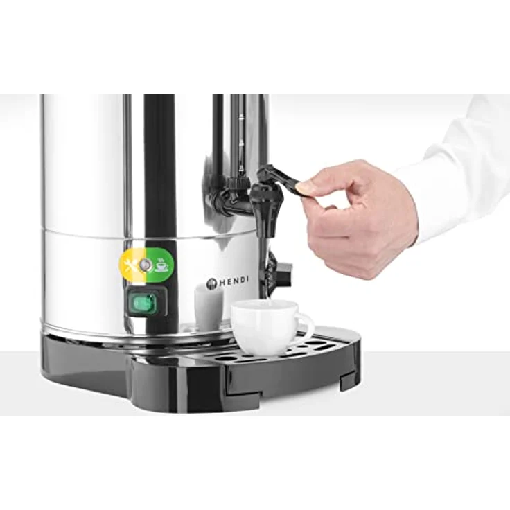 HENDI Heissgetränkespender, Doppelwandig, Energiesparend, non drip Hahn, wartungsfreies Heizelement, Temperatur regelbar bis 110°C, mit Trockenkochschutz, 9L, 230V, 2200W, 343x345x(H)517mm, Edelstahl – Bild 5