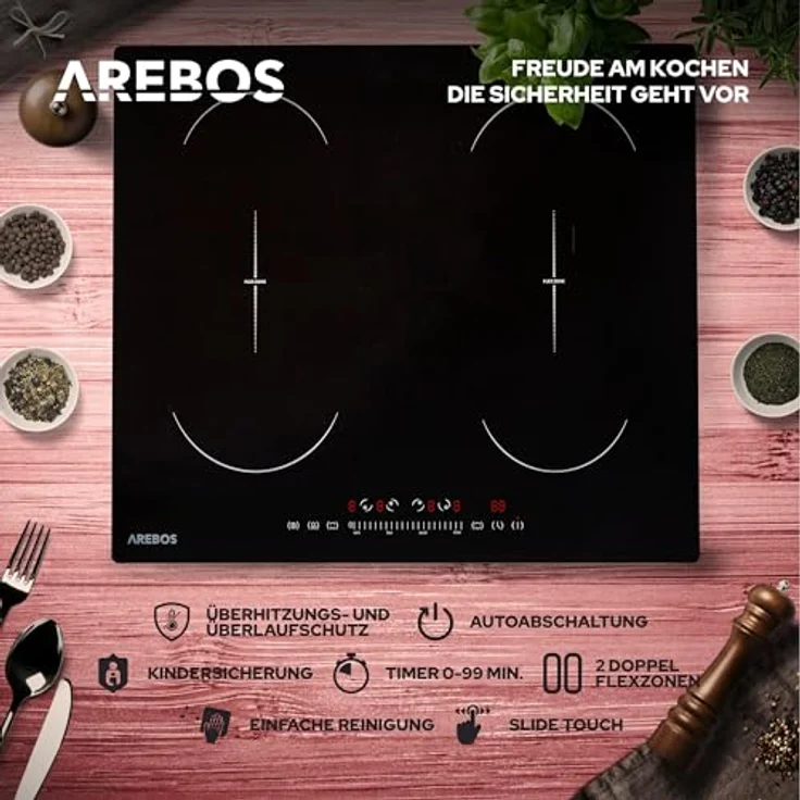 Arebos Induktionskochfeld | 7200 W | 4 Kochfelder mit 2 doppel Flexzonen | 59 cm | Autark | mit Sensor Touch, Timer, Kindersicherung, Überhitzungsschutz, Autoabschaltung – Bild 2