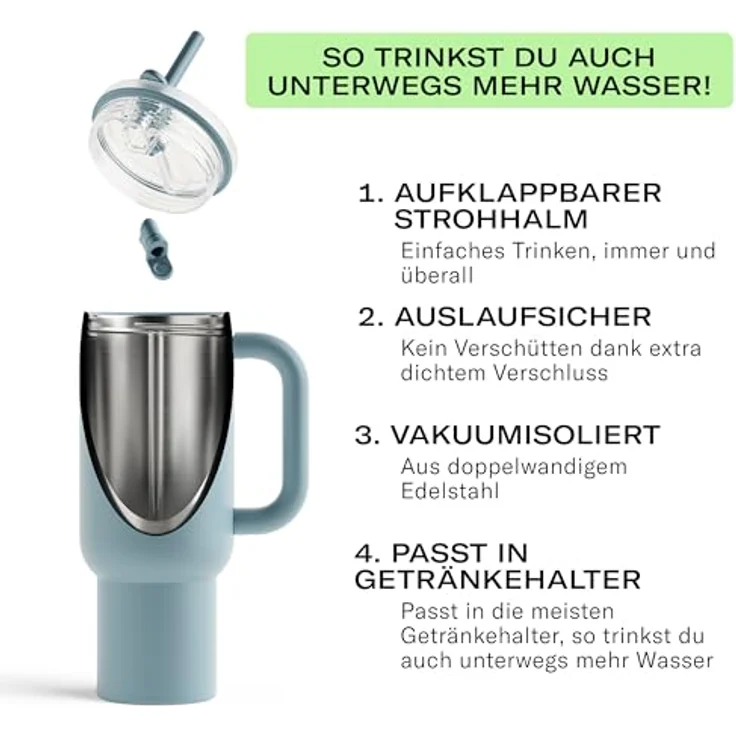 waterdrop® Thermobecher mit Strohhalm 1,1L – Auslaufsichere Edelstahltrinkflasche mit doppelwandiger Vakuumisolierung, hält Getränke bis zu 12 Stunden kalt – Bild 3