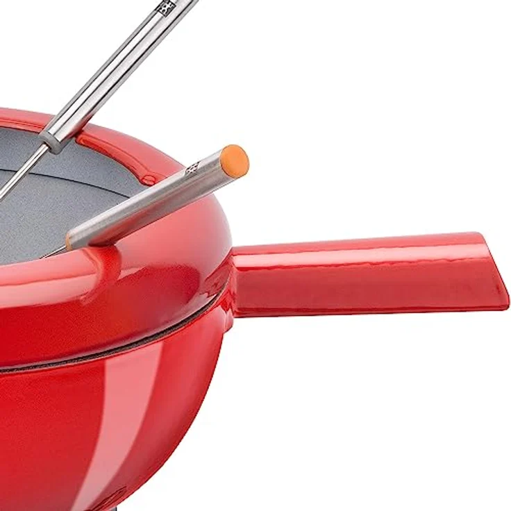 Zwilling Cherry Emaille Gusseisen Pfanne Schweizer Fondue Set für geschmolzenen Käse 6 Edelstahl Gabeln Schokoladenschmelztopf Spritzschutz für alle Herdarten Speisenwärmer 40201-002 – Bild 4