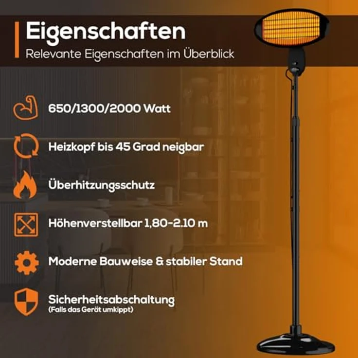 TroniTechnik Quartz-Heizstrahler mit 3 Stufen, verstellbarer Teleskopstange und Kopf, Heizstrahler – Bild 3