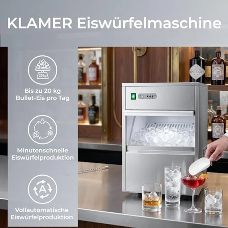 KLAMER Eiswürfelmaschine Gastro, 20 kg/24h, vollautomatisch, hygienischer Edelstahl, verschließbar, für Gastronomie – Bild 2