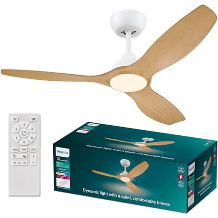 Philips Deckenventilator 52", 3 Flügel, 28 W LED-Licht, Gleichstrommotor mit Dimmfunktion, Farbtemperatur 3000-6500 K, Weiß/Holz, inkl. Fernbedienung