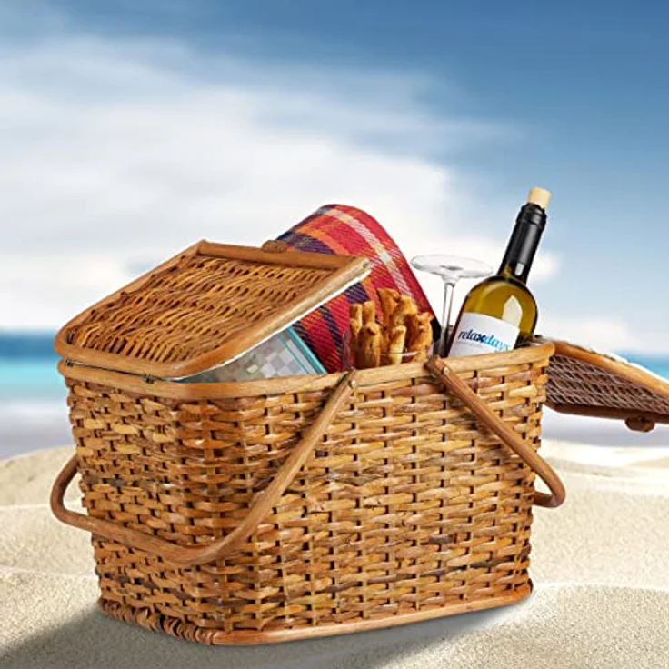 relaxdays Picknickkorb mit Deckel, Honigbraun, Rattankorb mit 25 Liter Volumen und zwei Klappdeckeln – Bild 5