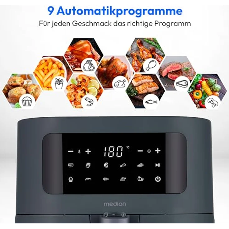 Medion® Heißluftfritteuse MD 11740, 2000 W, digitales Bedienfeld, 9 Automatikprogramme, vielseitig und gesundheitsbewusst – Bild 3