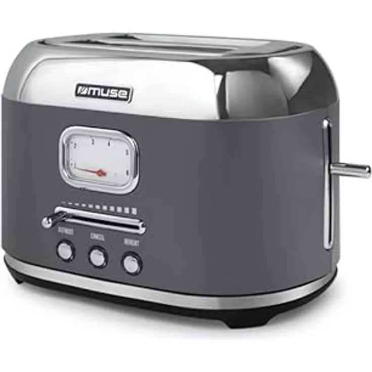 Muse Edelstahl-toaster im grauen retro Design, analoge Anzeige, beleuchtete Tasten, 6 Bräungsstufen, 2 Scheiben, MS-120 DG, Vintage Look, mit Krümelschublade