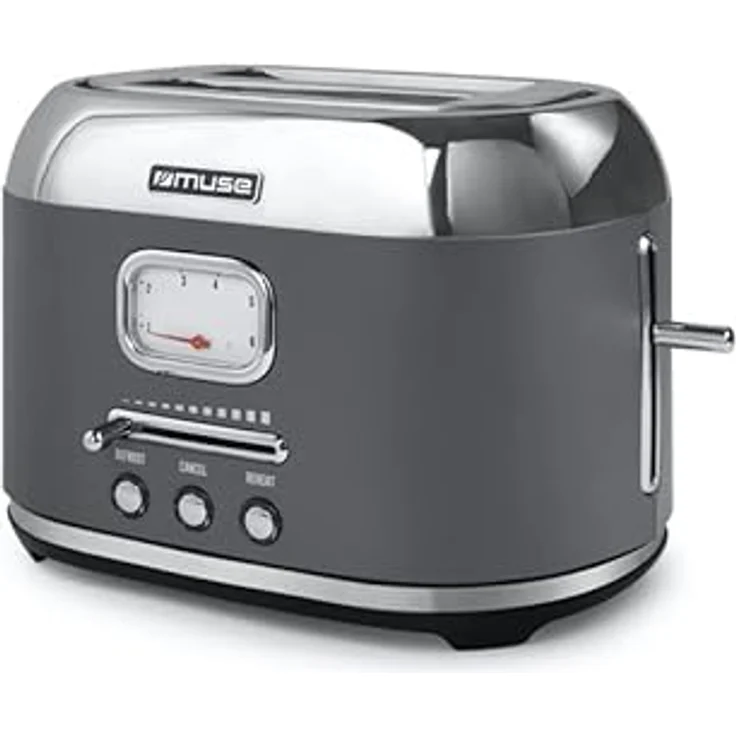Muse Edelstahl-toaster im grauen retro Design, analoge Anzeige, beleuchtete Tasten, 6 Bräungsstufen, 2 Scheiben, MS-120 DG, Vintage Look, mit Krümelschublade – Bild 1