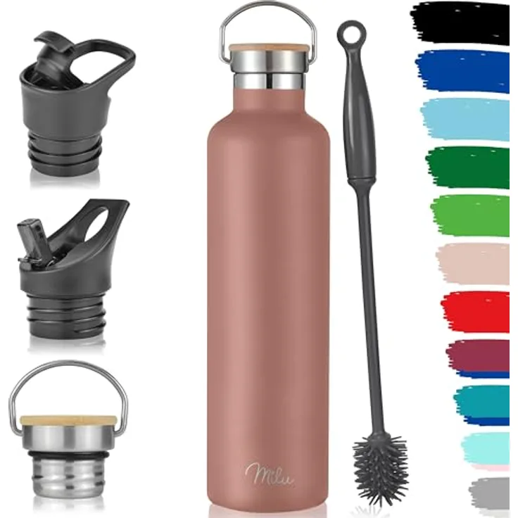 Milu Edelstahl Trinkflasche 1000ml, doppelwandige Thermosflasche mit Strohhalm, isolierte, auslaufsichere Wasserflasche in Rose Gold, inkl. 3 Deckel