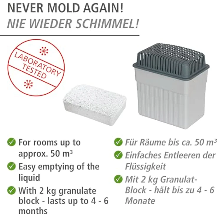 WENKO Luftentfeuchter ohne Strom [Reduziert Schimmel & Gerüche] inkl. 2kg Granulatblock - Nachfüllbarer Raumentfeuchter - Auffangschale für Feuchtigkeit, Lufttrockner – Bild 3