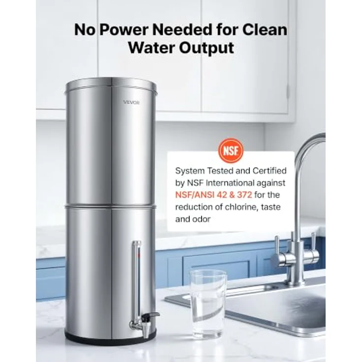 VEVOR Schwerkraft-Wasserfilter 12,3 L Edelstahl 304, Wasserfiltersystem mit 2 Aktivkohlefiltern, reduziert Blei und 99 % Chlor, Wasserstandsanzeige für Zuhause und Camping – Bild 2