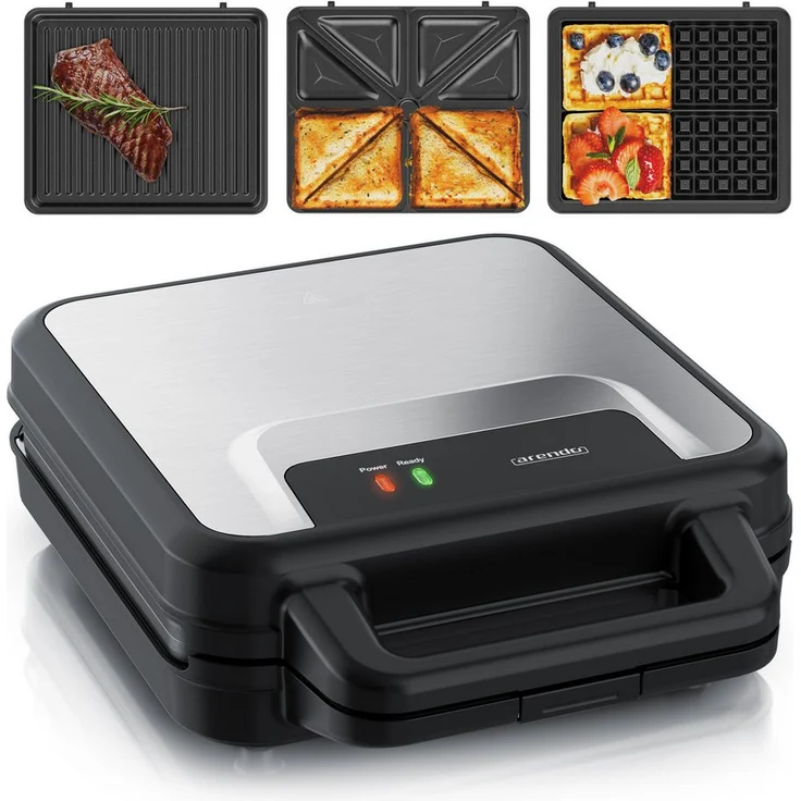Arendo 3-in-1-Sandwichmaker, Waffeleisen & Kontaktgrill, 1400 W, abnehmbare Antihaftplatten, Edelstahl, für Sandwich, Waffel & Grill
