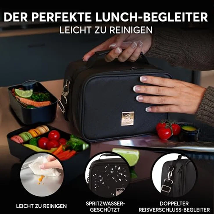 Umami Isolierter Lunchbag Premium, Lunchbox mit veganem Leder, spritzwassergeschützt, Schwarz – Bild 6