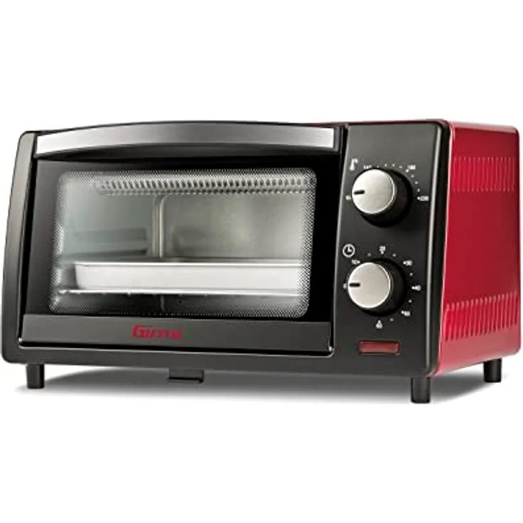 Girmi FE10 Elektrischer Ofen, 800 W, 10 Liter, Edelstahlrost, Einstellbarer Thermostat, 60-Minuten-Timer, Inklusive Zubehör, Schwarz/Rot.