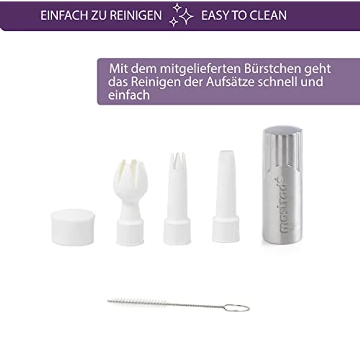 Mastrad Mousse und Sahne Spender für warme und kalte Saucen, Schlagsahne Spender mit Reinigungsbürste und drei Dekorationsdüsen, Aluminium, Silber, 0,5 Liter – Bild 4