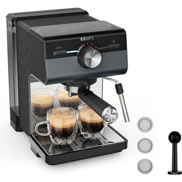 Krups Authentic+ Espresso-Siebträgermaschine, 15 bar, intuitive Bedienung, raffiniertes Design, Dampfdüse, Dark Silver/Edelstahl, XP384G10