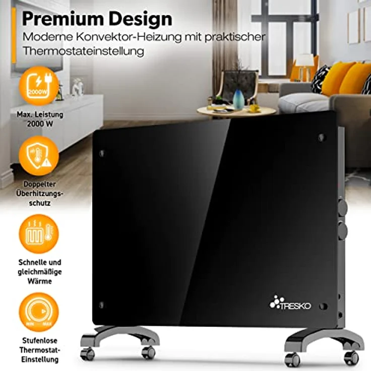 TRESKO Elektroheizung Schwarz 2000W Glaskonvektor Konvektor Wand Heizung Glas Heizkörper Bad, Konvektor – Bild 2