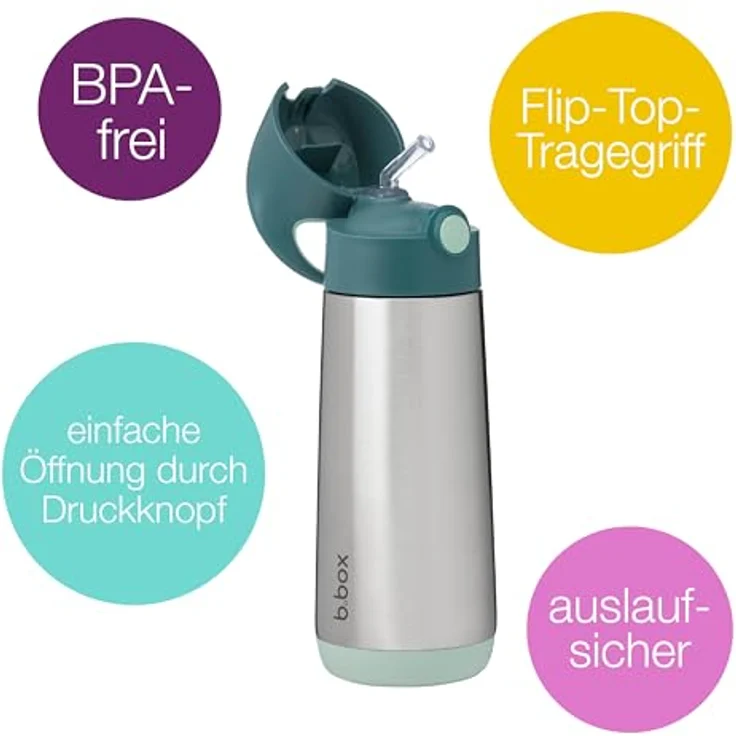 b.box Isolierte Wasser- und Thermosflasche, Edelstahl dreiwandig, hält Getränke bis zu 15 h kalt & 8 h warm, 500 ml, auslaufsicher mit Silikonstrohhalm – Bild 2