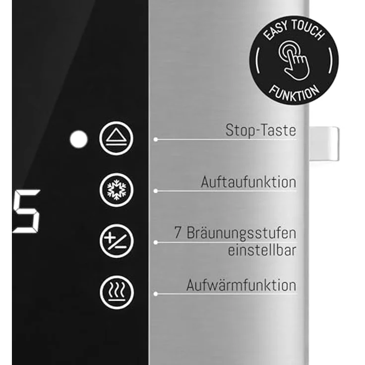 LEBENLANG Langschlitz Toaster 4 Scheiben Edelstahl Gebürstet mit Brötchenaufsatz, Touchscreen LED Display, 7 Bräunungsstufen, 1400W, für große Toastscheiben xxl LBL9899 – Bild 3