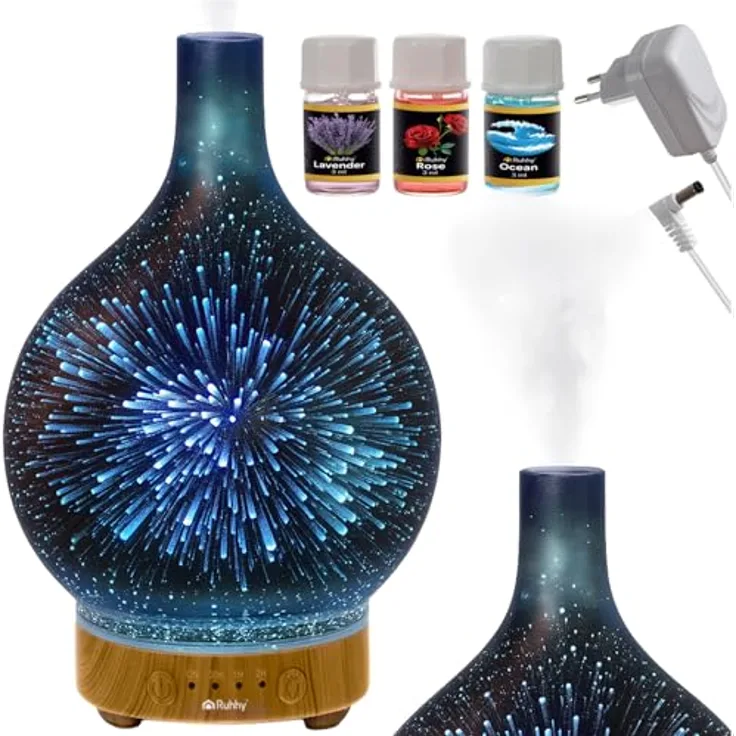 RUHHY Ultraschall Luftbefeuchter & Aroma Diffusor mit Spiegeloptik, leise, Auto-Abschaltung, 7 LED-Farben, Timer 30/60/120 Min, 3 Duftöle (Rose/Lavendel/Meer)