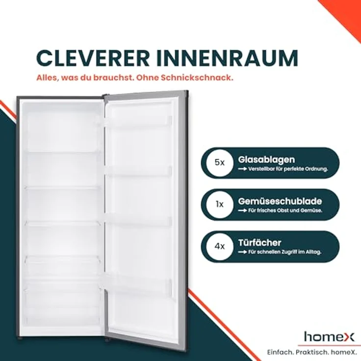 homeX CS2422E-S Kühlschrank ohne Gefrierfach, 242 Liter, freistehend, silber, 143 cm hoch, leise 37 dB, mechanische Temperaturregelung, 5 verstellbare Ablagen – Bild 3