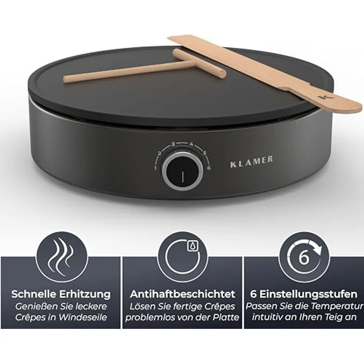 KLAMER Crepes Maker, Große Backfläche mit 33cm Ø, antihaftbeschichtete Platte, inkl. Teigverteiler und Wender aus Holz, Crepes Eisen für Crepes, Pancakes & Tortilla, 1500W – Bild 2