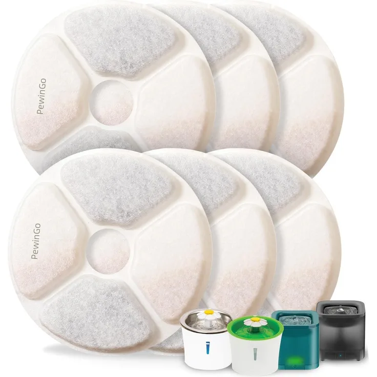 PEWINGO Ersatzfilter Katzenbrunnen 6 Stück, 3-fach Filterung, für 3L und 1,85L Brunnen, Außendurchmesser 14 cm