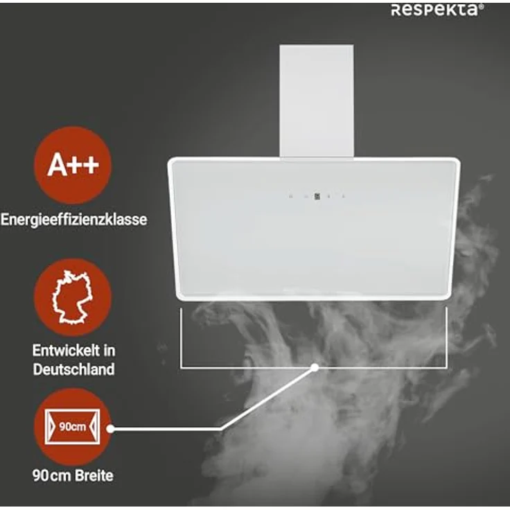 Respekta Schräghaube Lora 90 cm, Dunstabzugshaube in Weiß, EEK A++, 207,2 m³/h Luftstrom, Touch Control, LED-Beleuchtung – Bild 3